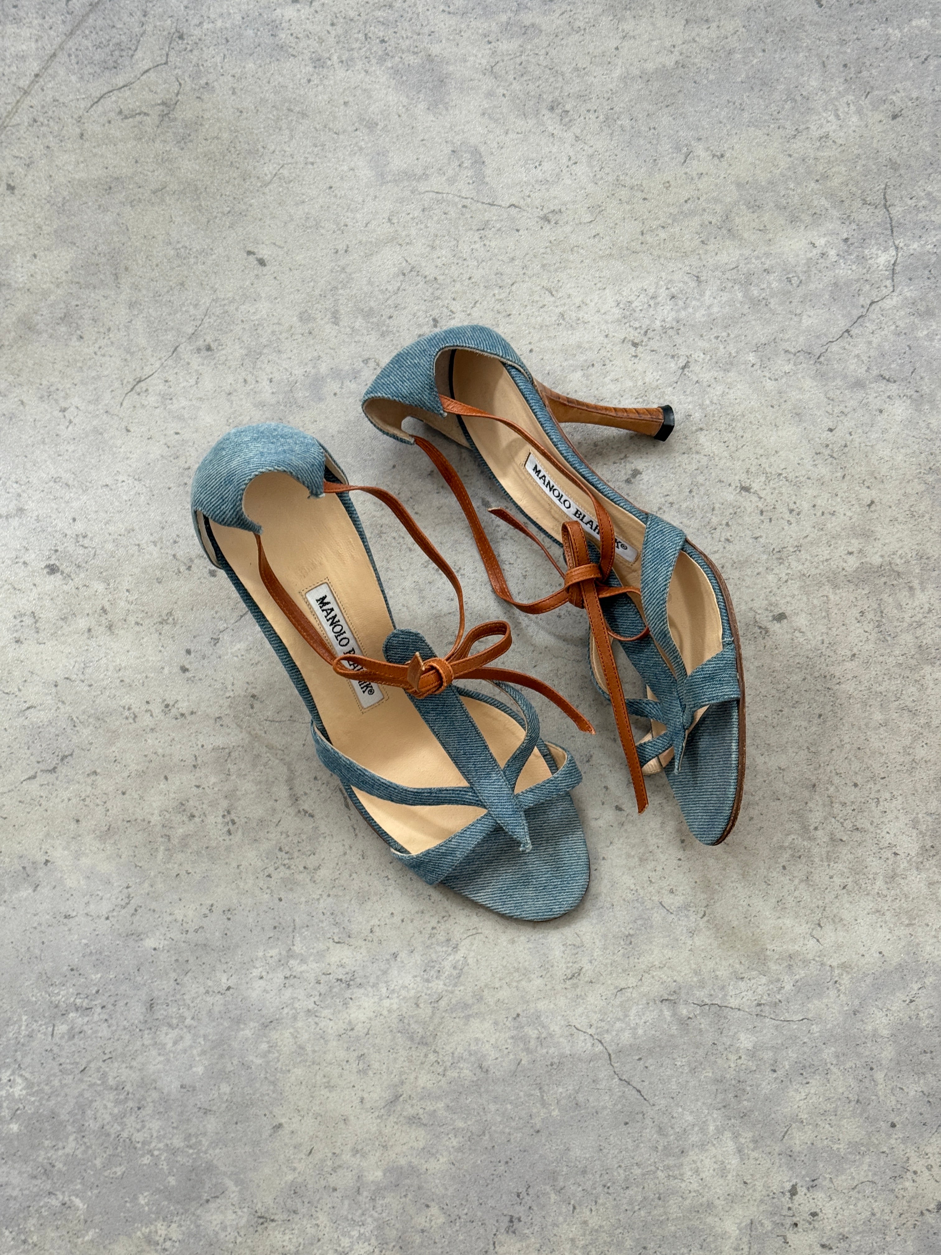 Manolo Blahnik Denim Strap Heels • EU 37.5