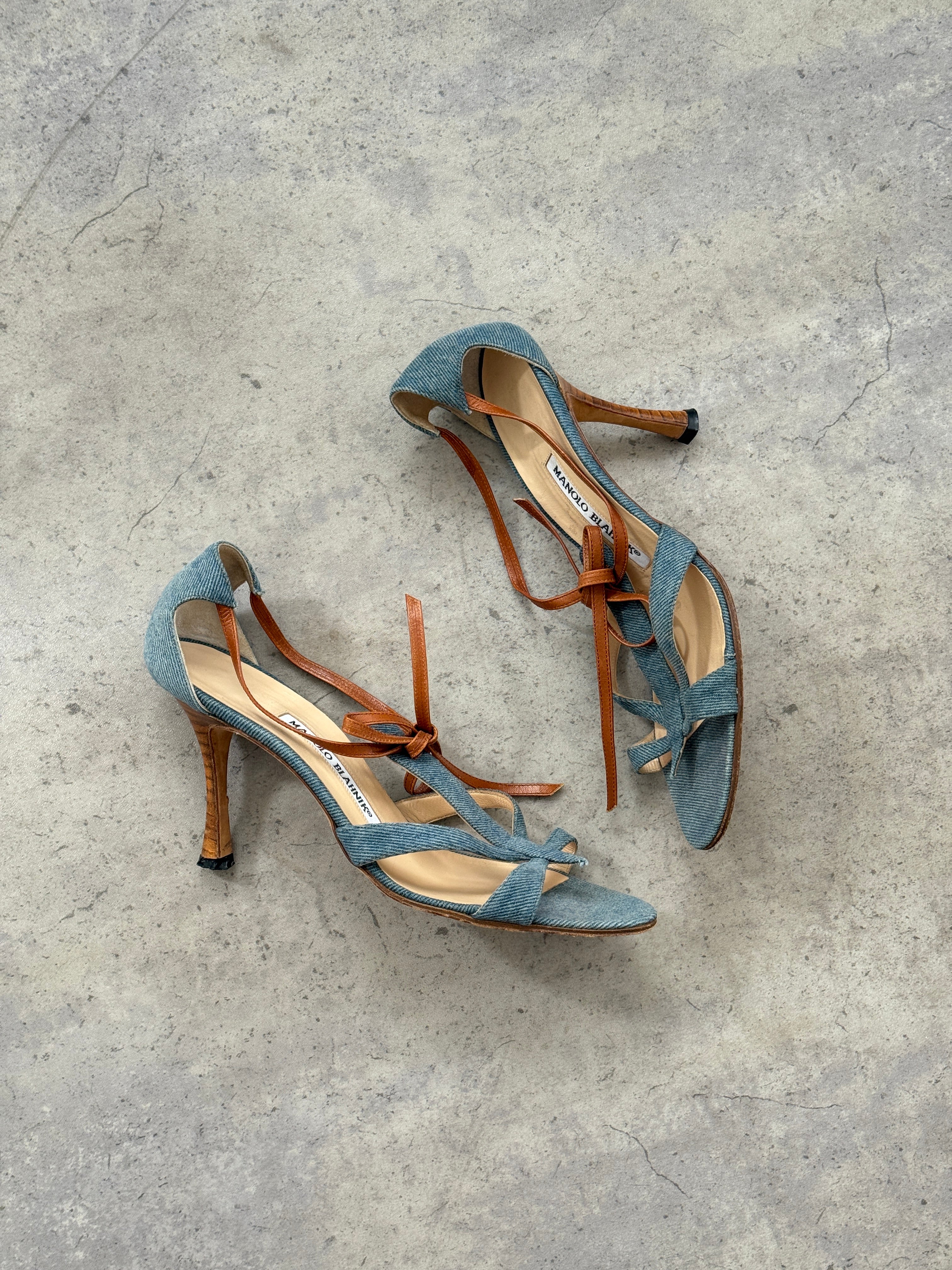 Manolo Blahnik Denim Strap Heels • EU 37.5
