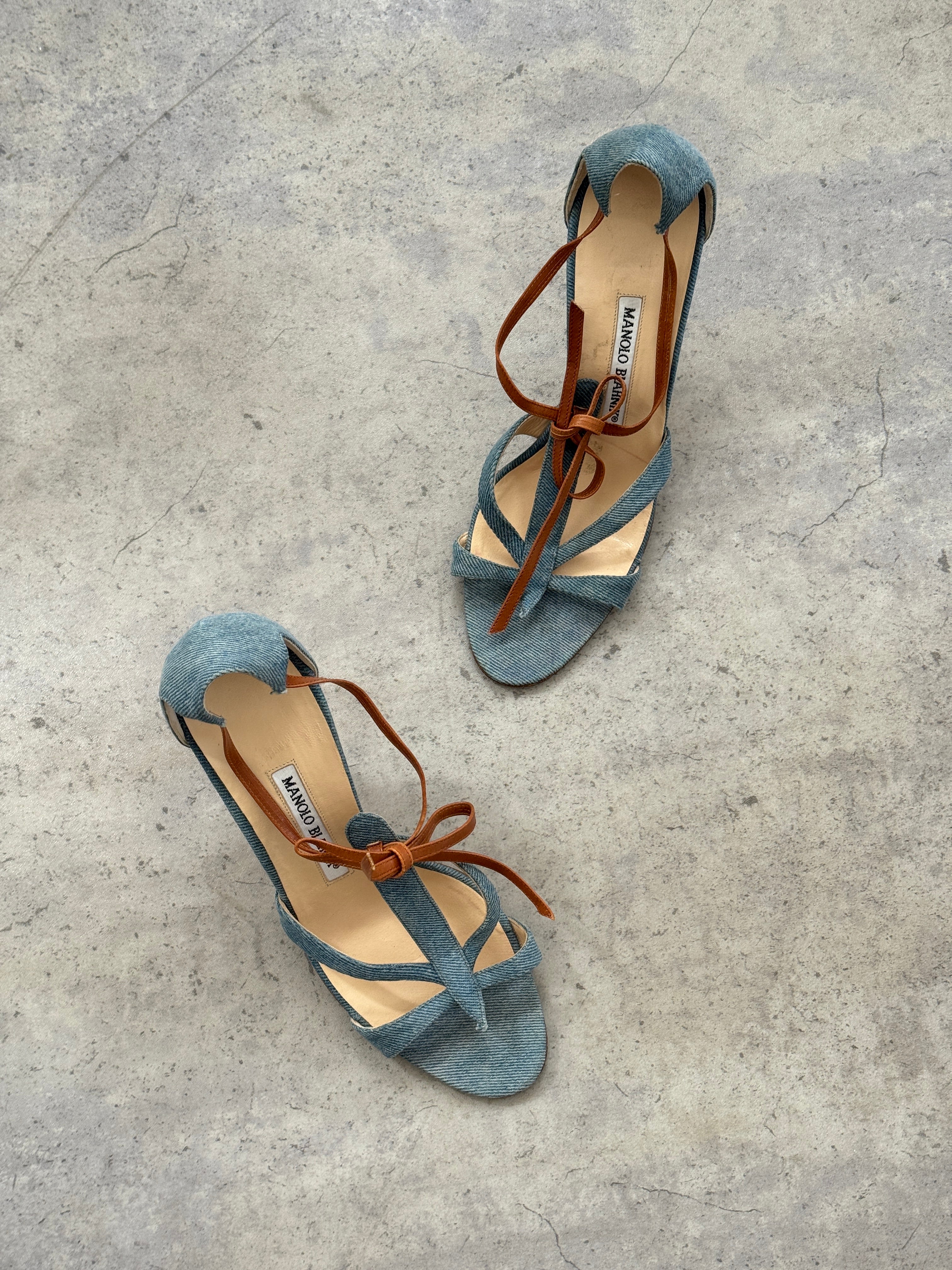 Manolo Blahnik Denim Strap Heels • EU 37.5