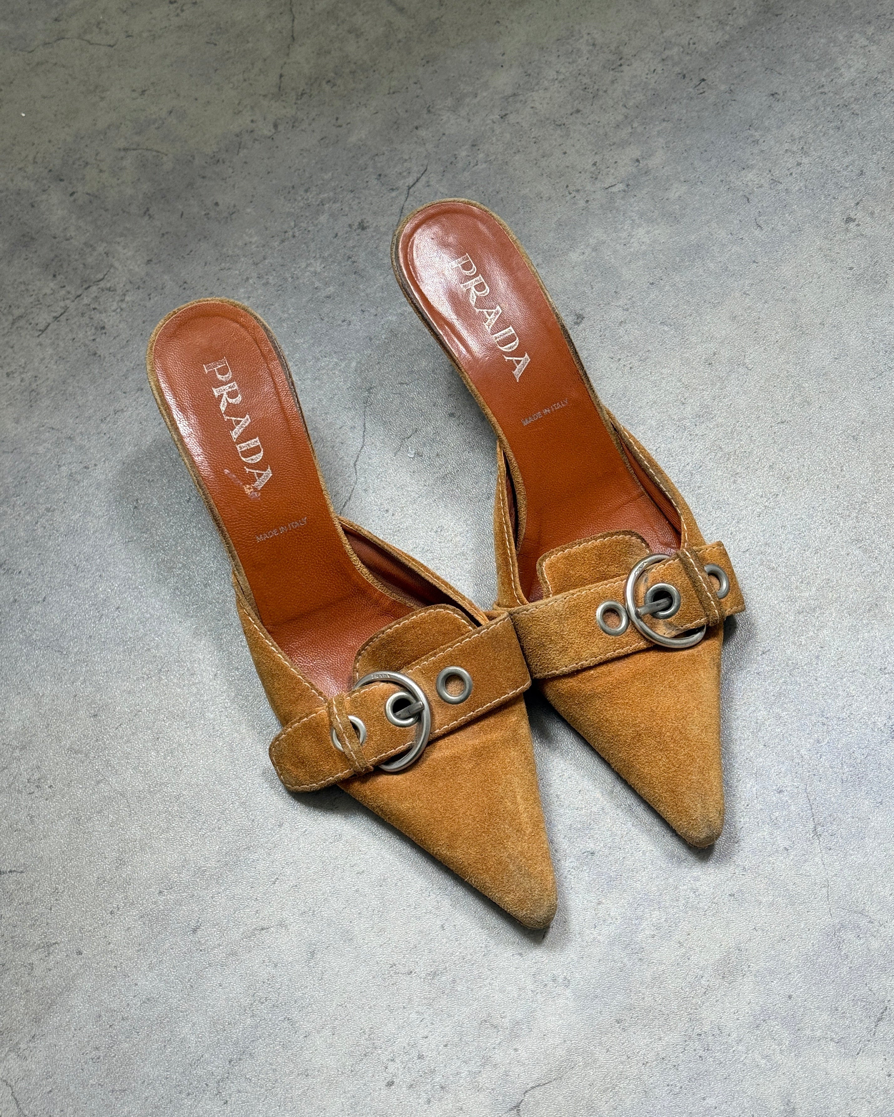 Prada Suede Buckle Mules • EU 40