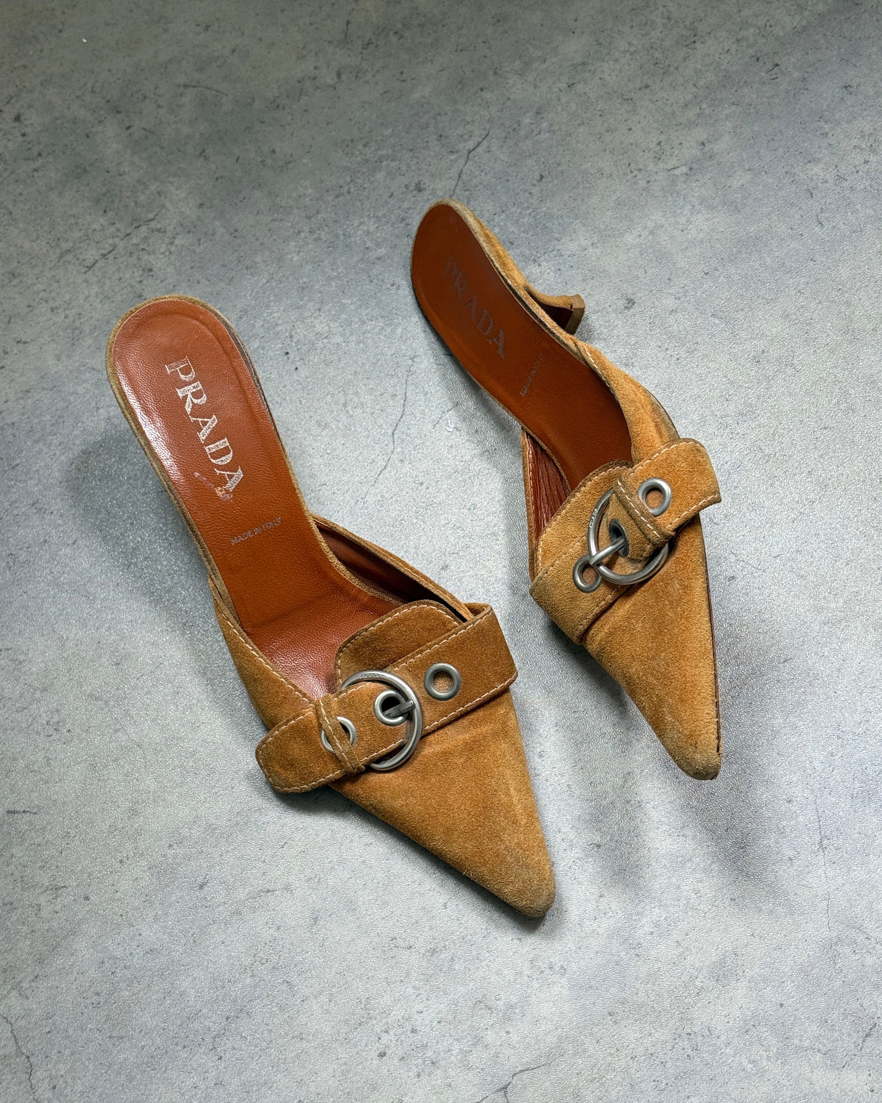 Prada Suede Buckle Mules • EU 40