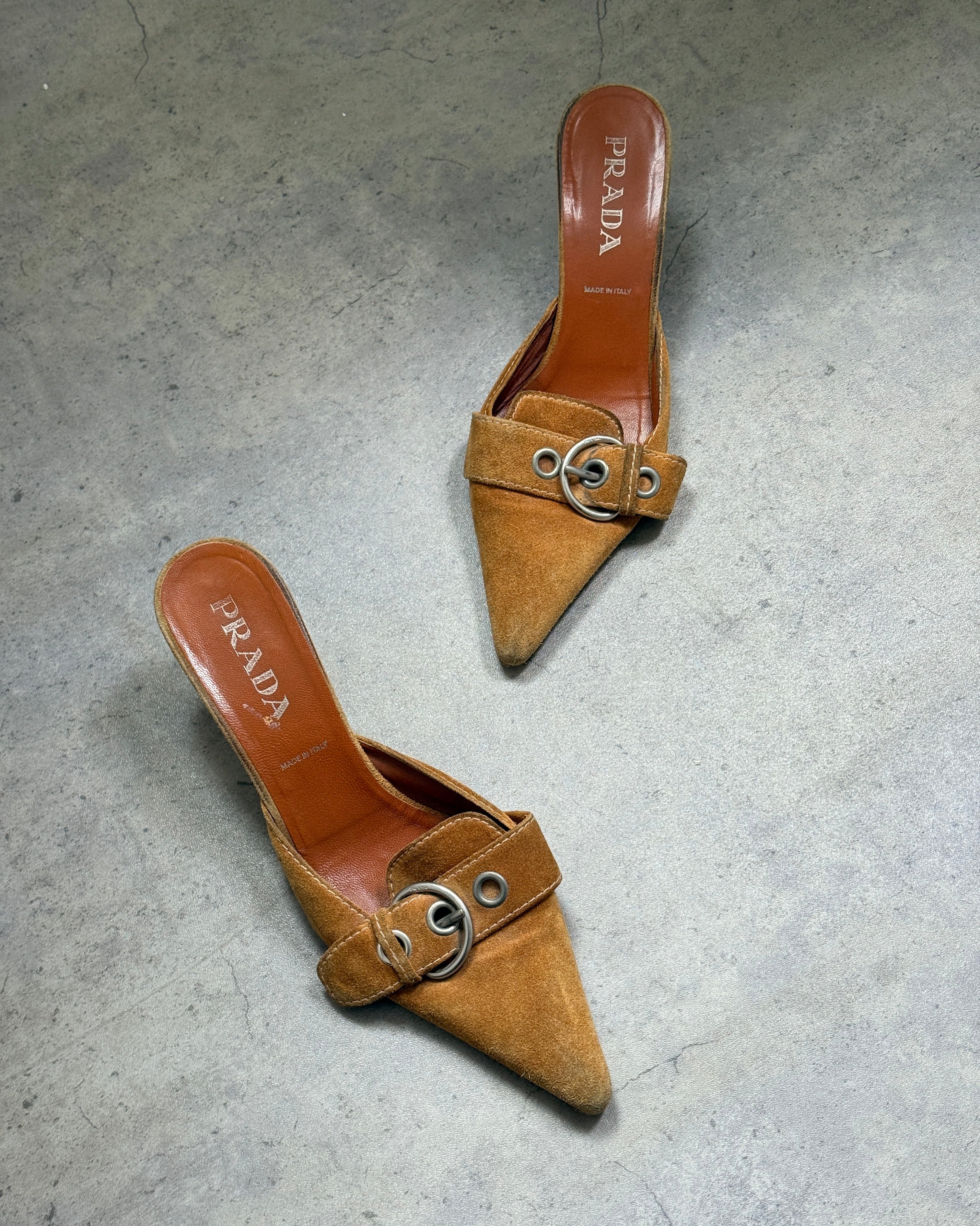 Prada Suede Buckle Mules • EU 40