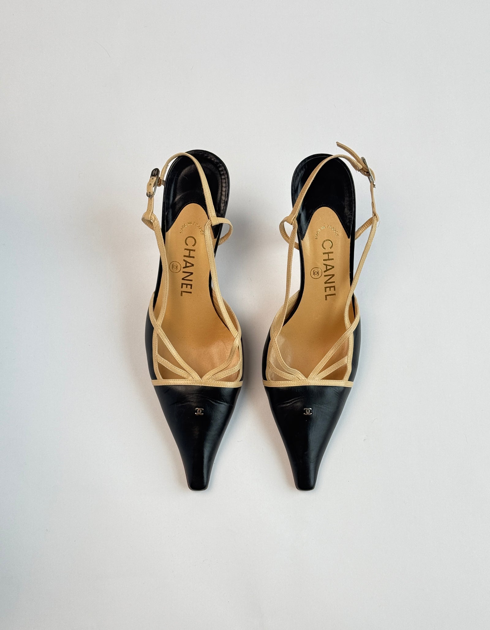 Chanel Two Tone Pointed Toe Slingbacks