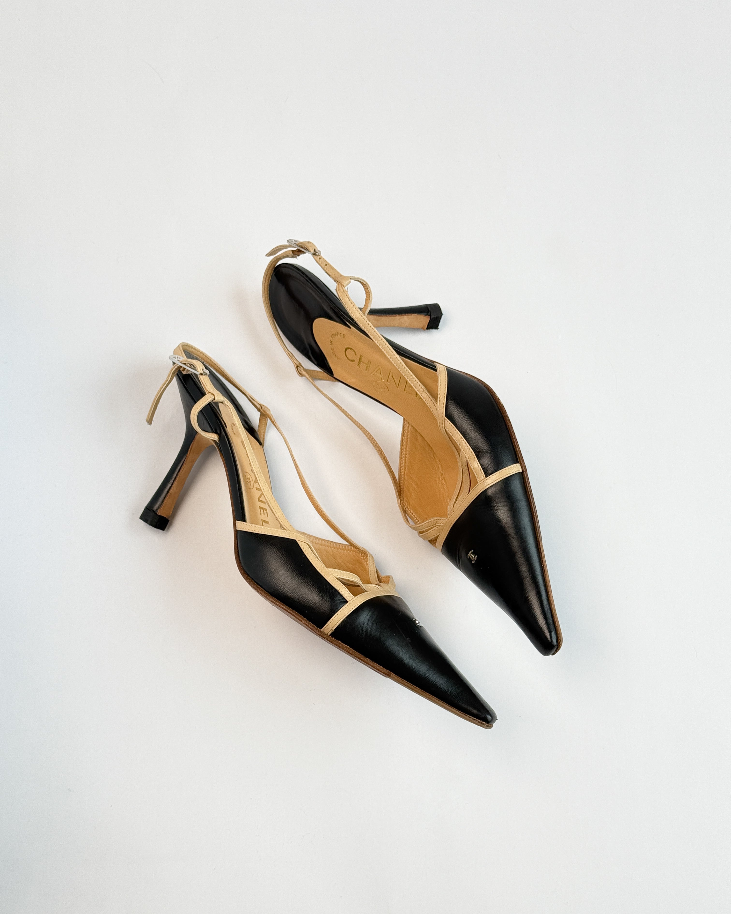 Chanel Two Tone Pointed Toe Slingbacks • EU38.5