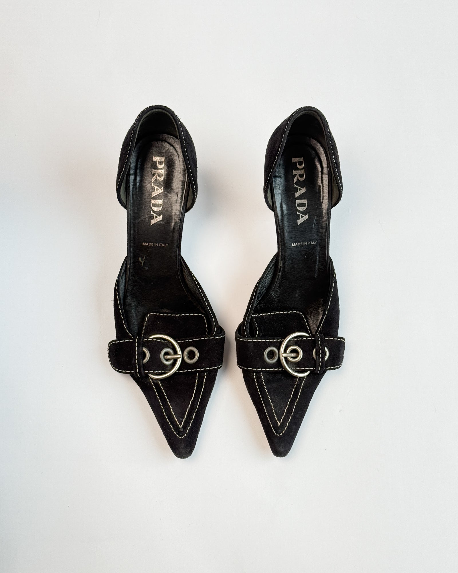 Prada Suede D'Orsay Buckle Black Heels