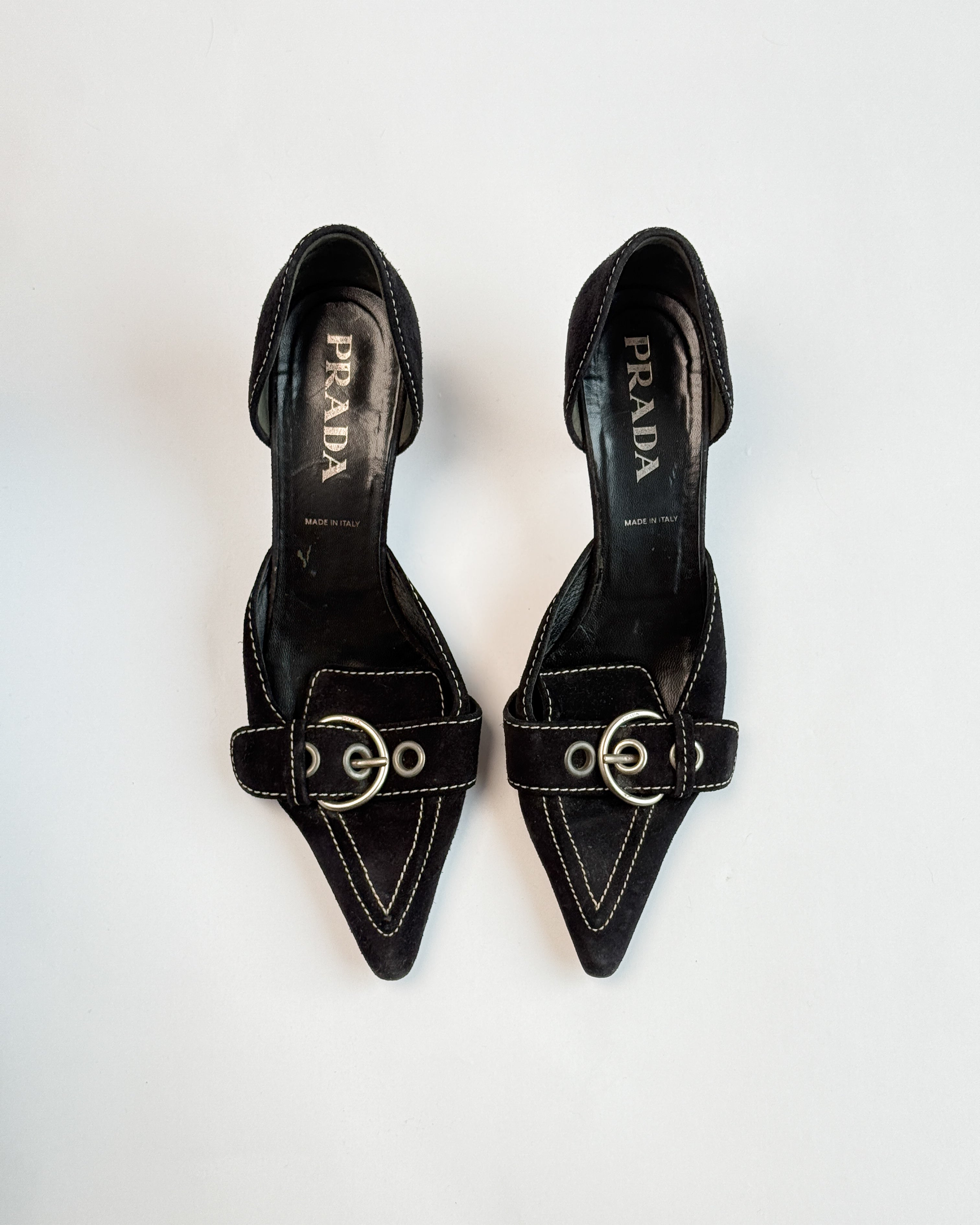 Prada Suede D'Orsay Buckle Black Heels • EU 39.5