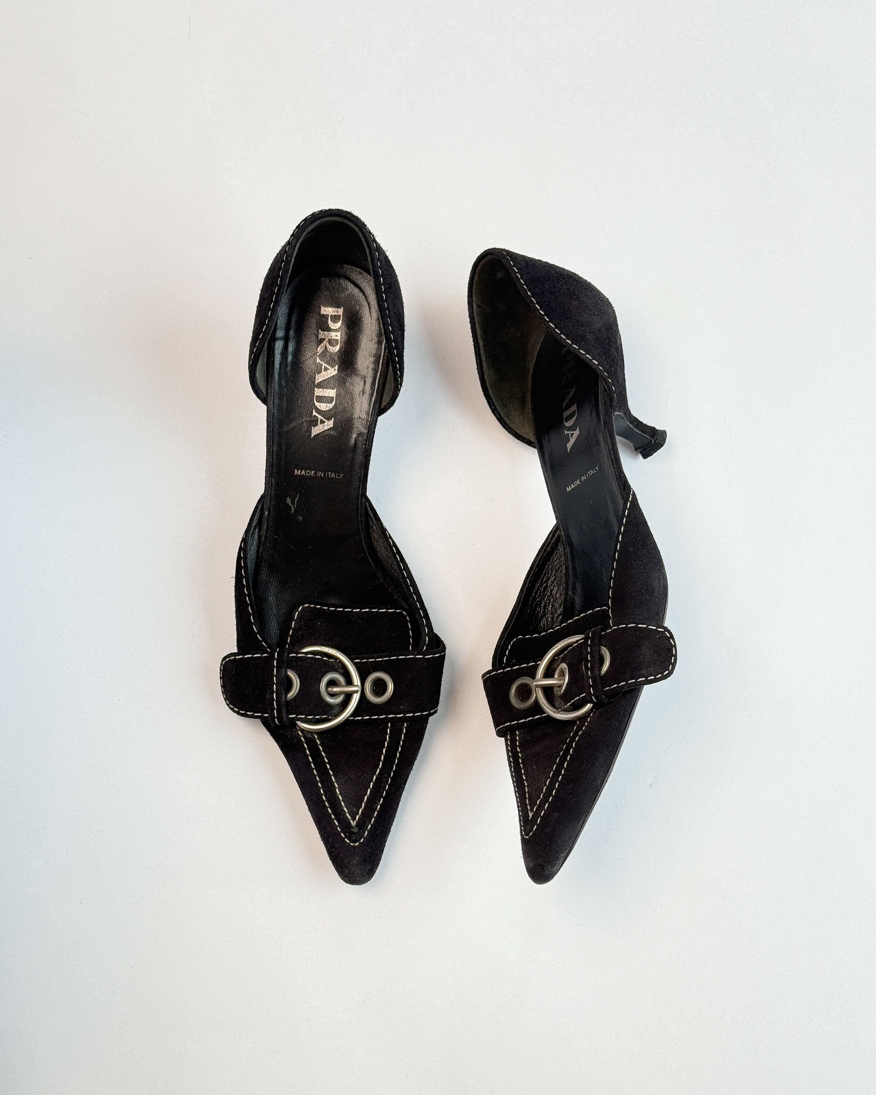 Prada Suede D'Orsay Buckle Black Heels • EU 39.5