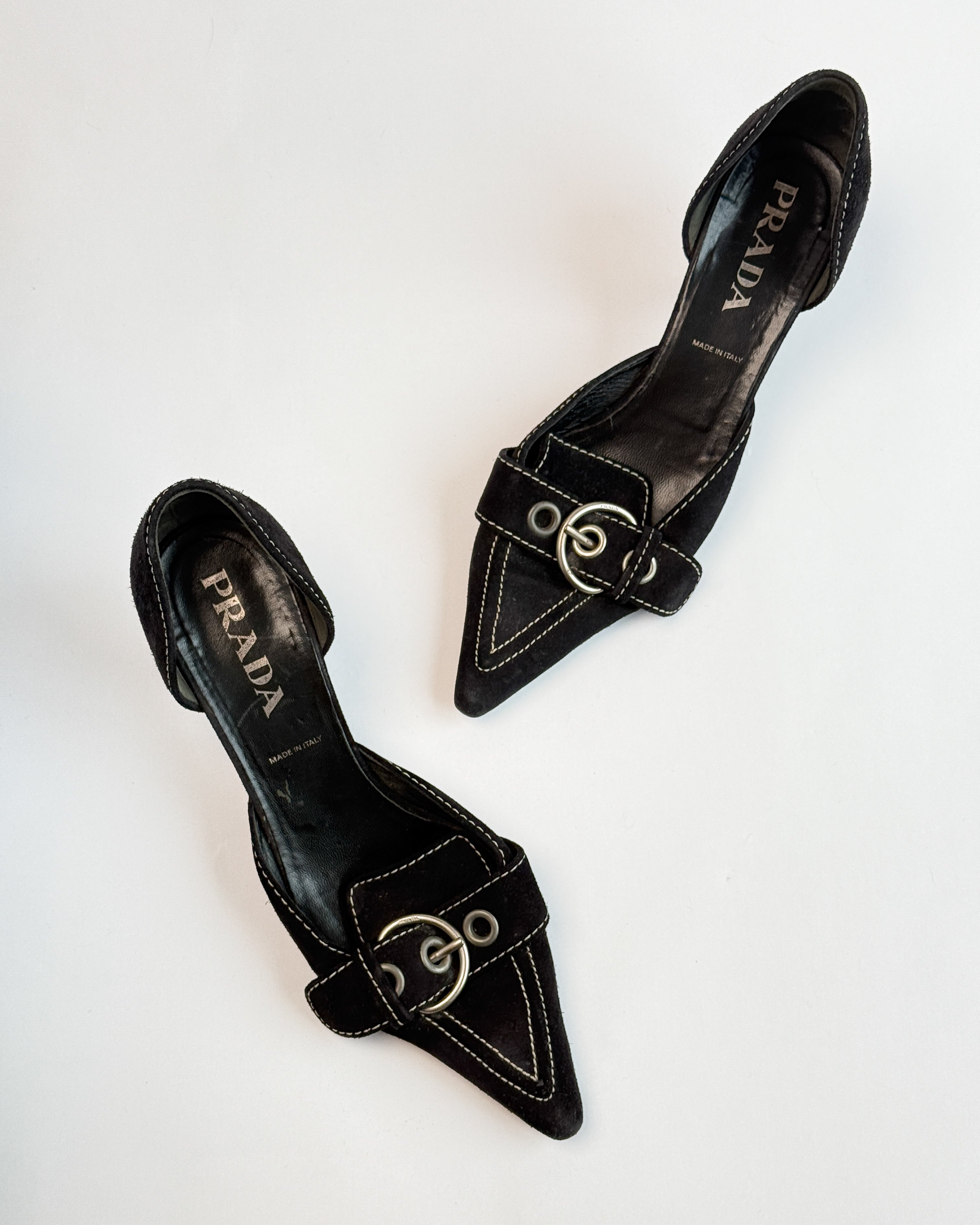 Prada Suede D'Orsay Buckle Black Heels • EU 39.5