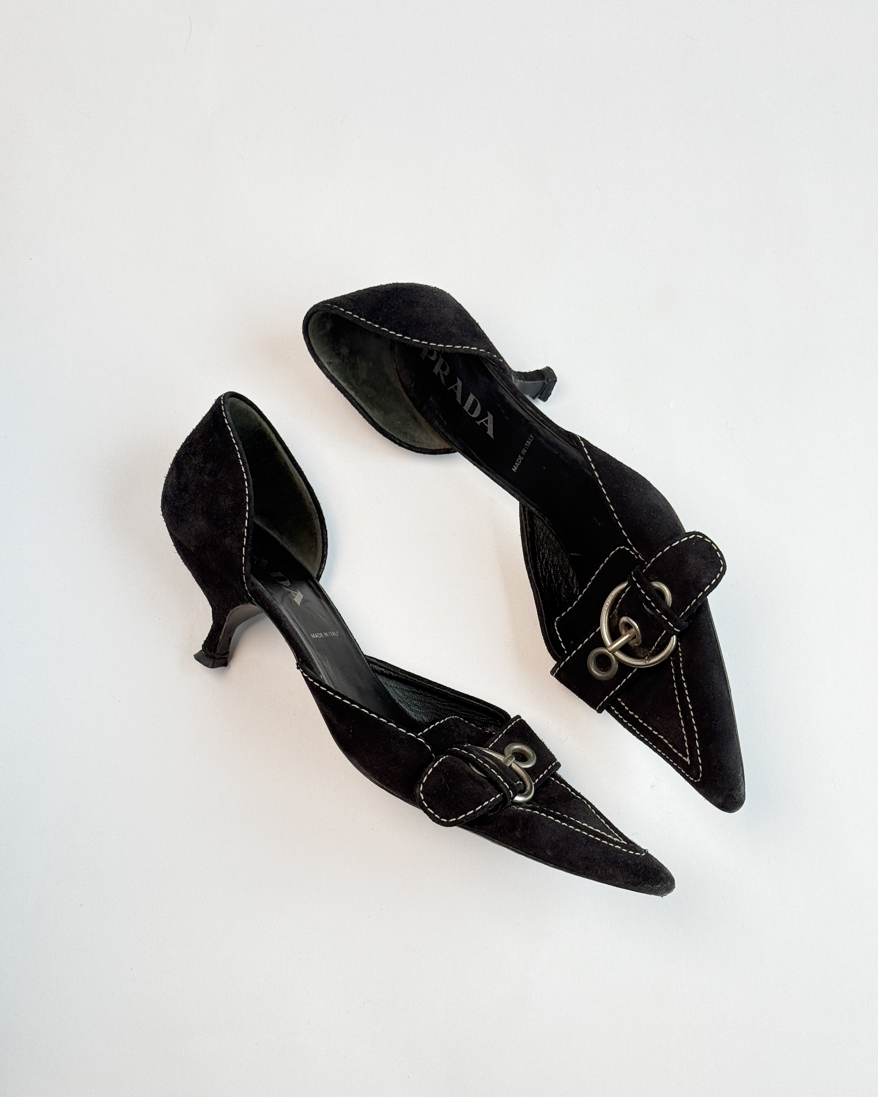 Prada Suede D'Orsay Buckle Black Heels • EU 39.5