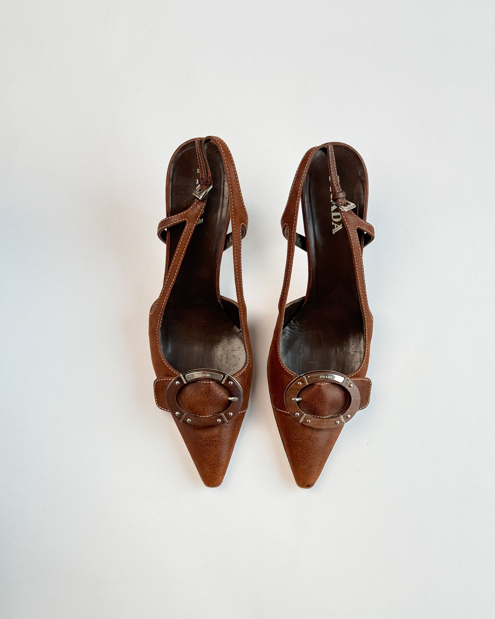Prada Brown Leather Buckle Slingbacks