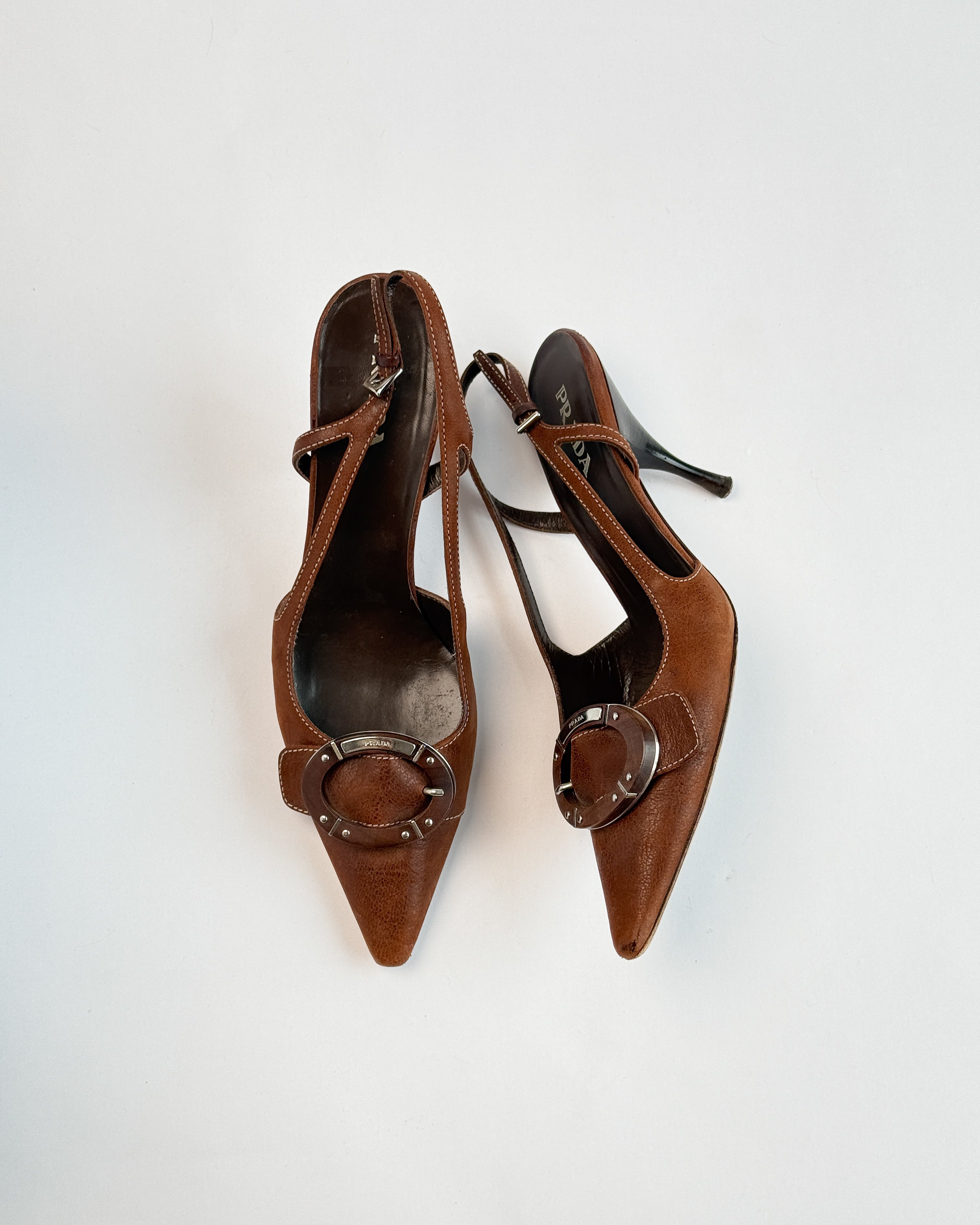 Prada Brown Leather Buckle Slingbacks • EU38.5