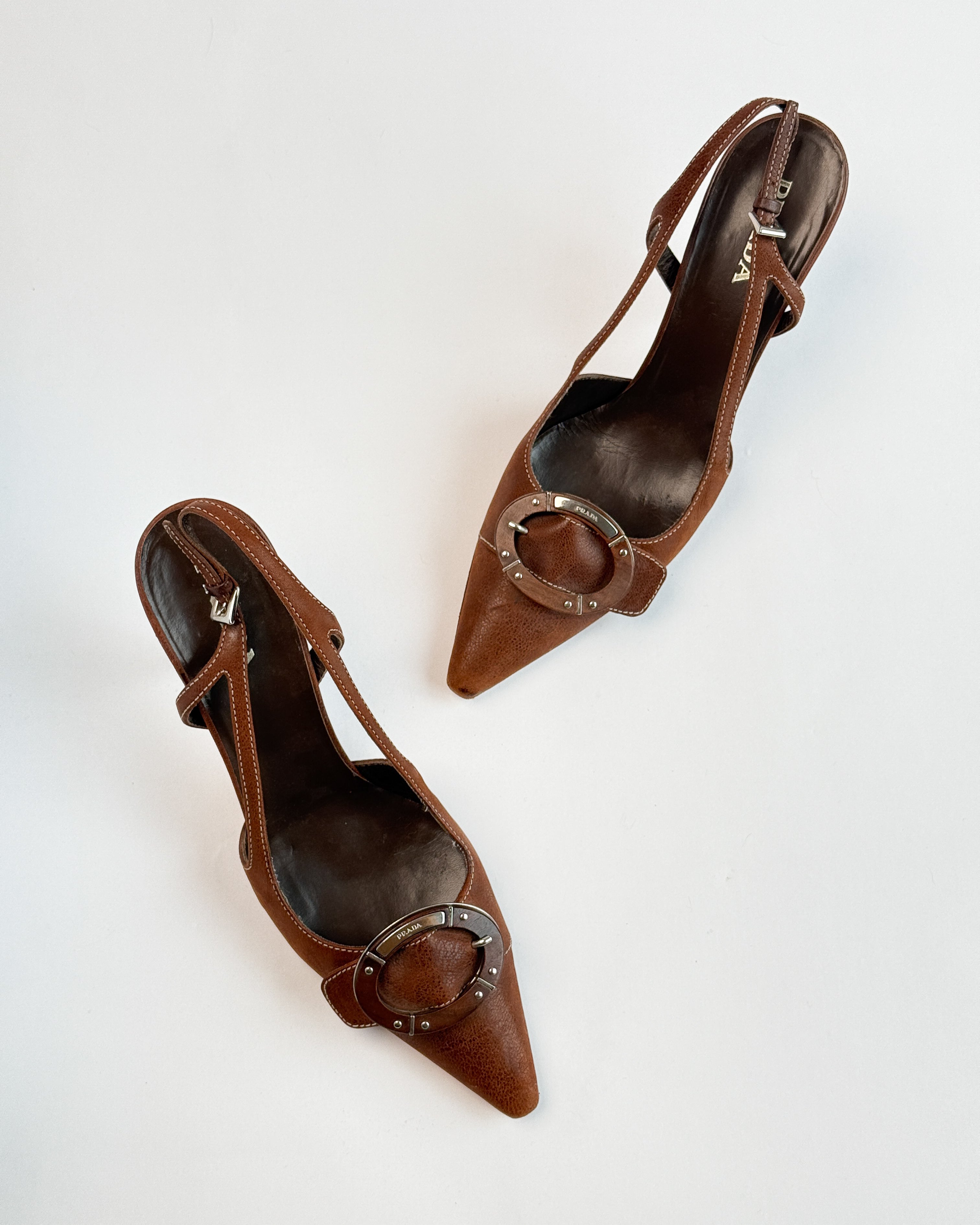 Prada Brown Leather Buckle Slingbacks • EU38.5
