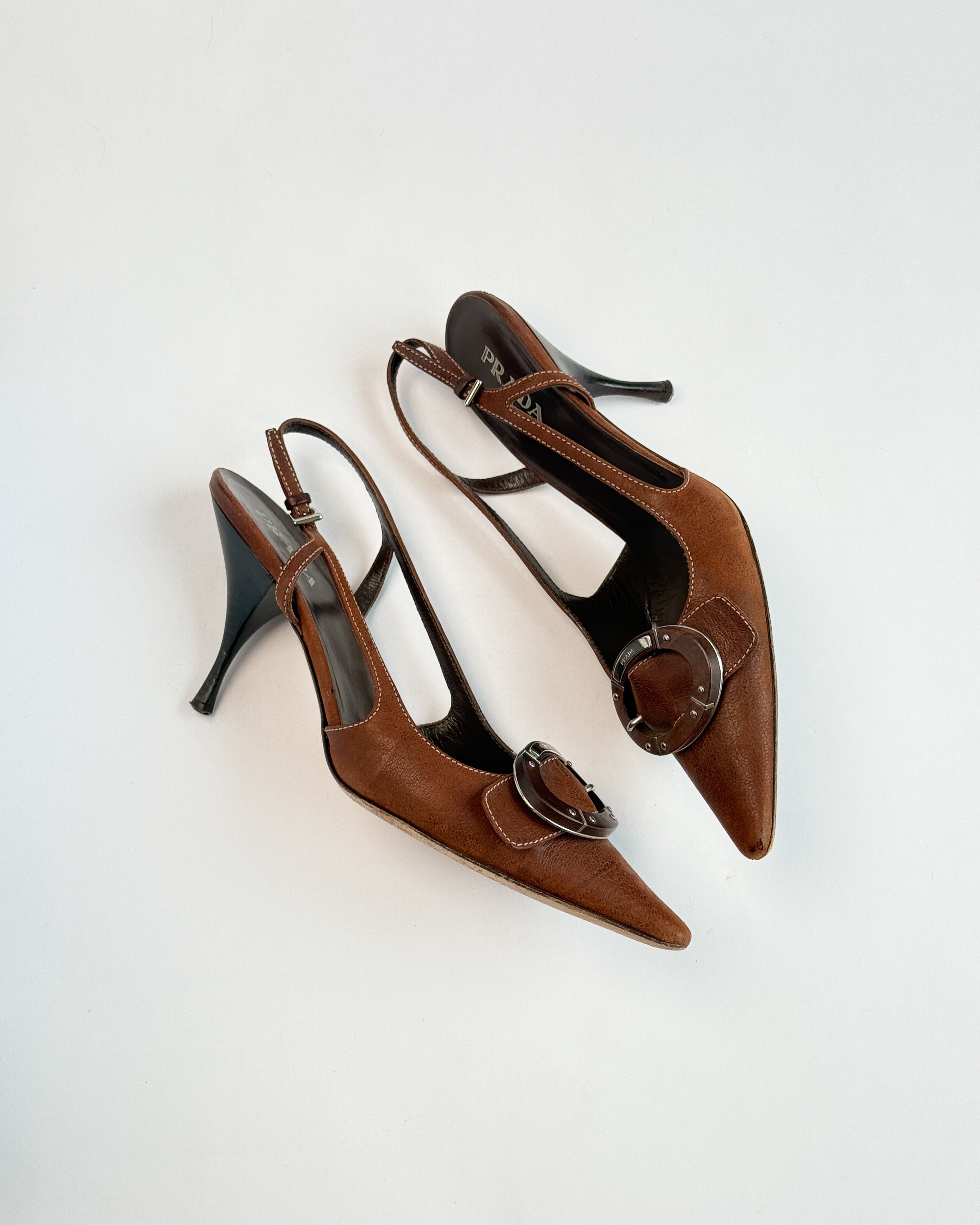 Prada Brown Leather Buckle Slingbacks • EU38.5